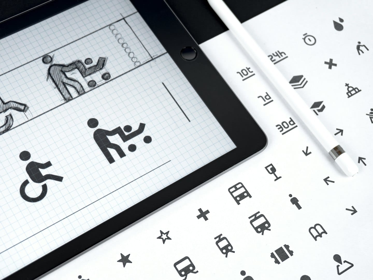 Tablet con concetti di graphic design accanto a uno stilo e un foglio di icone.